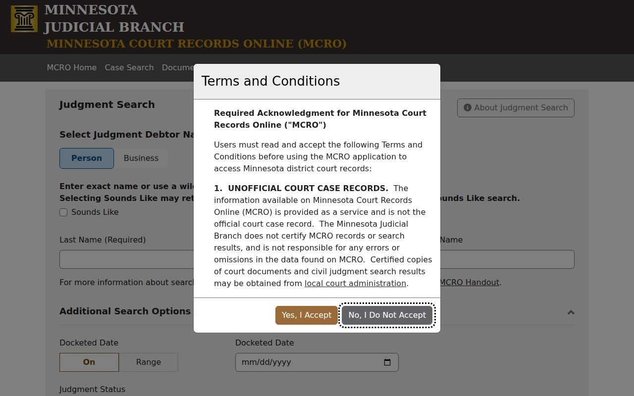 Pipestone County case search MCRO Judgment Search source