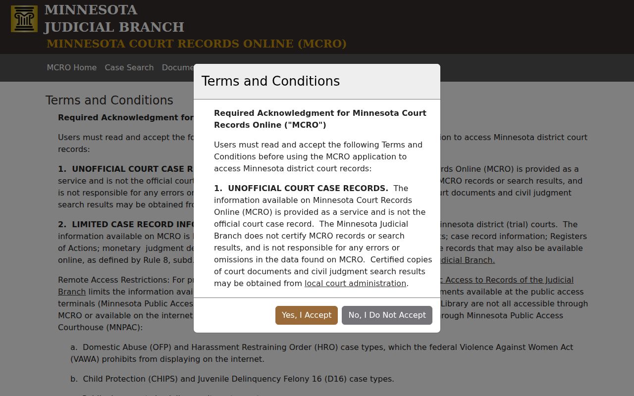 Pipestone County case search MCRO terms source