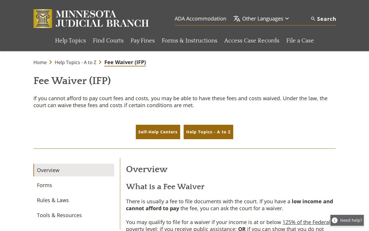 Pipestone County civil court docket fee waiver source