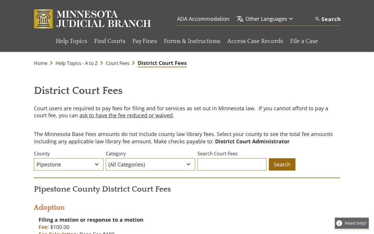 Pipestone County court records fee table for copies and certification